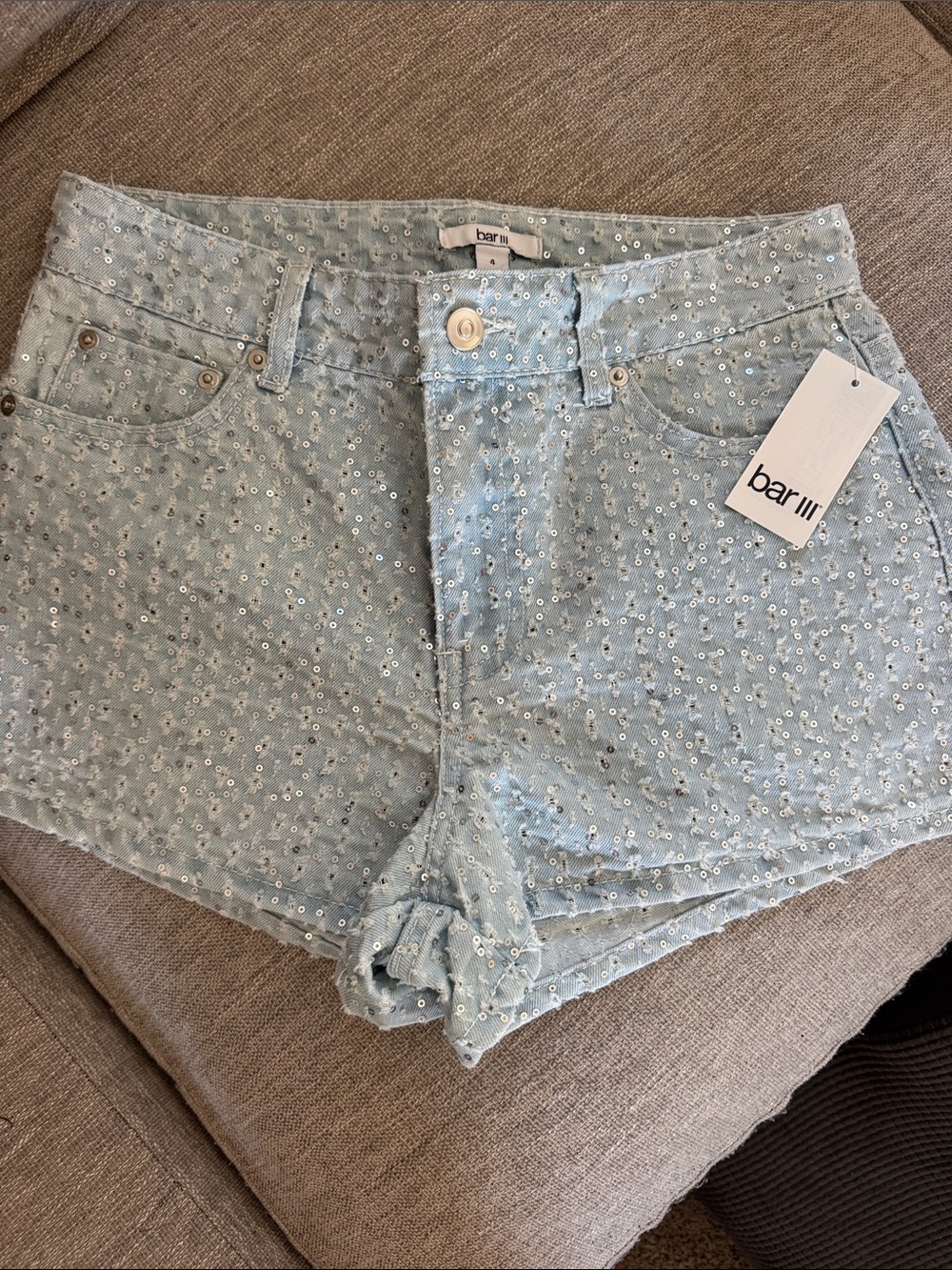 Bar III Light Blue Sequin-Embellished Denim Shorts